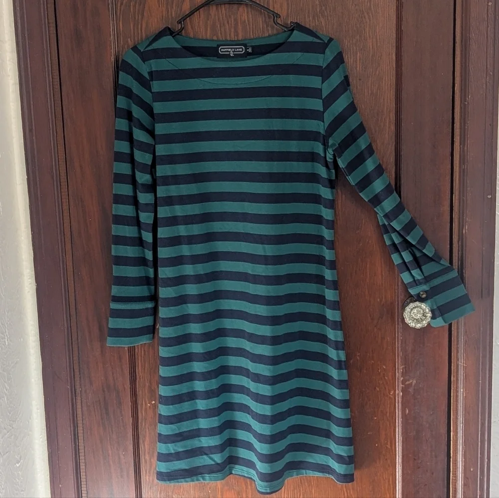 Duffield Lane Green And Navy Stripe Button Back Long Sleeve Shirt Dress Size Sm - Picture 1 of 7